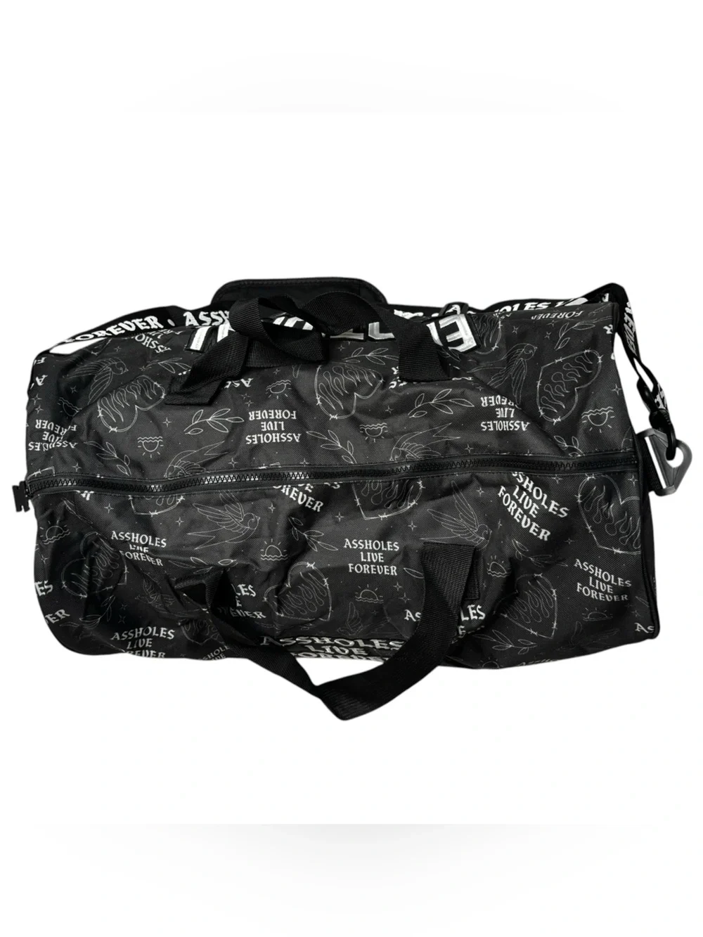 Assholes Live Forever Emotional Baggage Black Flame Bird Heart Duffel Bag NWOT